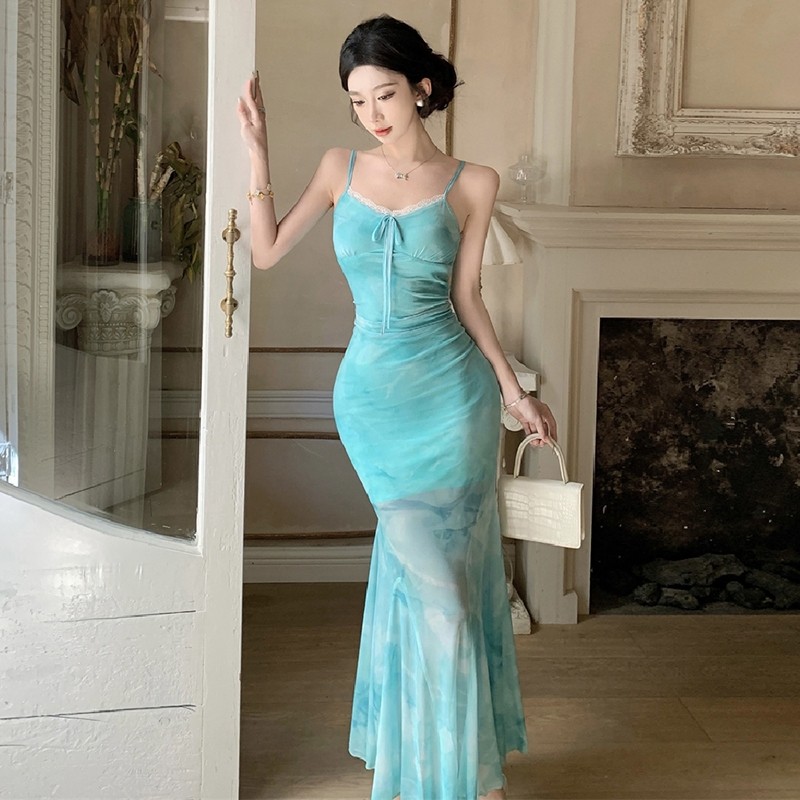 Air QZ237 Dress Casual Tali Spageti Sexy Elegant Terbaru Dress Party Lace Dress Serut Press Body Tan