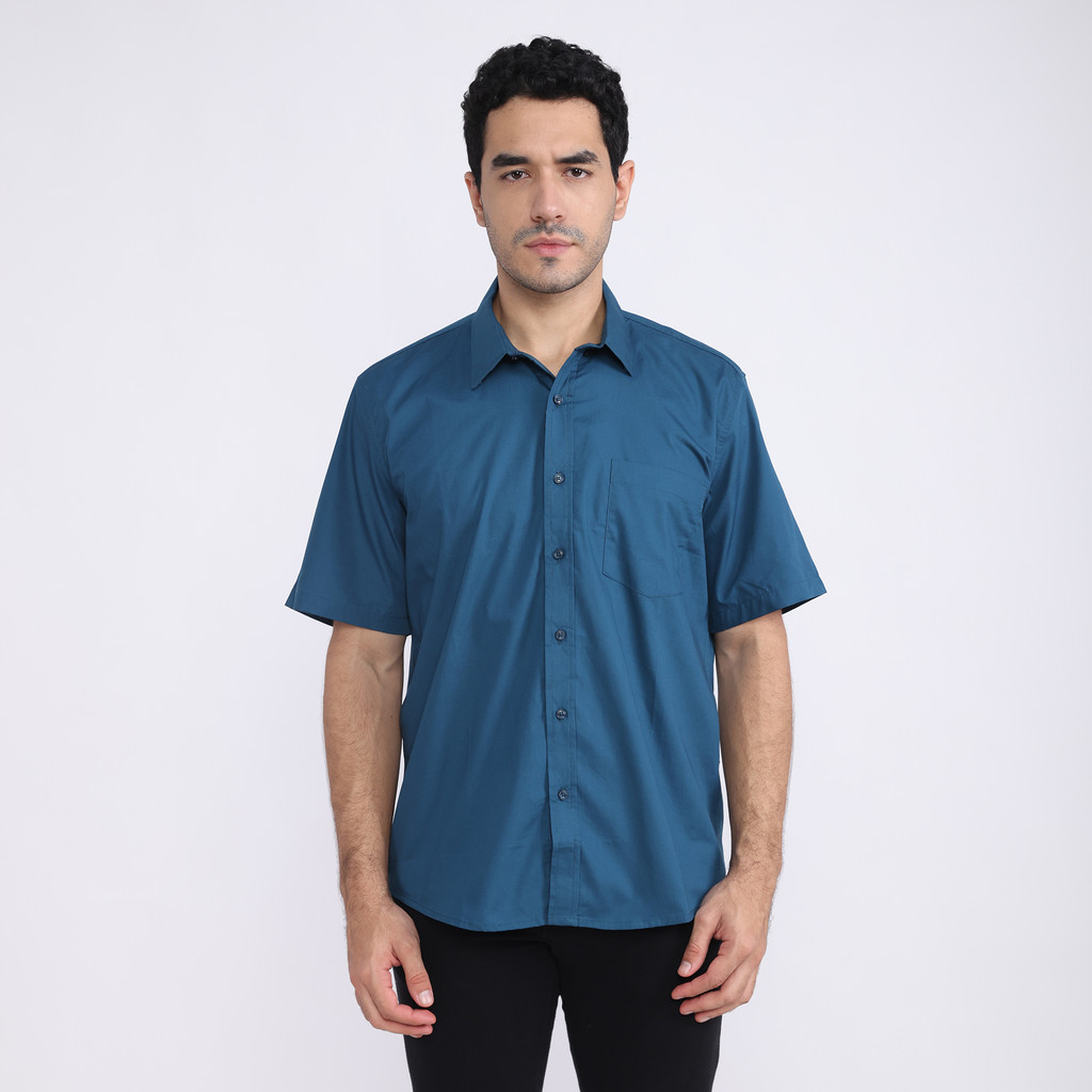 LARUSSO Kemeja Poplin Slim Fit Pria Lengan Pendek - Tosca Blue