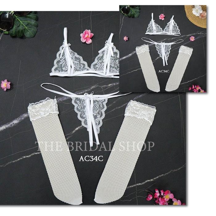 One Set Underwear CD Bra Wanita Stocking Lace Lingerie Modern Putih AC34C