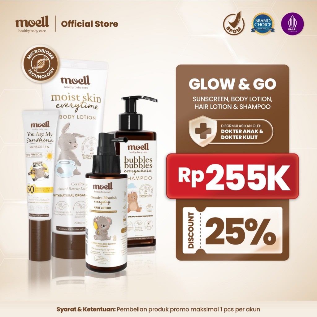 BabyHappy Store Moell Glow & Go Paket Body Lotion 185gr & Hair Lotion 100gr & Physical Sunscreen 30g