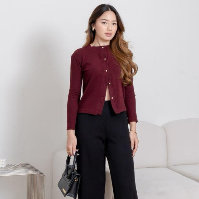 AIJO|Lizzie Cardigan Korean Style Wanita Rib Lengan Panjang Kancing Halus - Avara