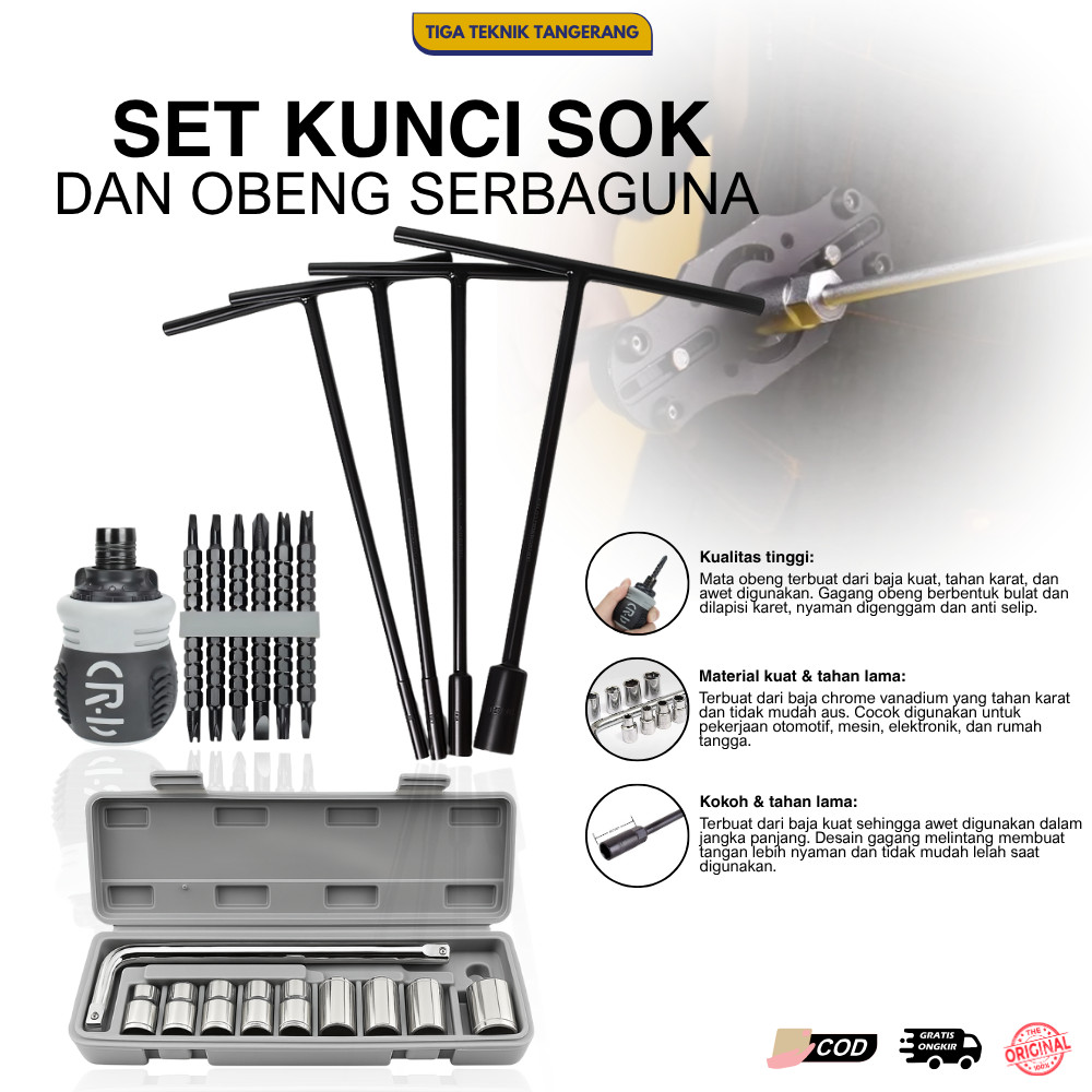 PAKET BENGKEL MURAH — KUNCI SHOCK 10IN1 + KUNCI T 4PCS 8-14 + OBENG CEBOL SET MULTIFUNGSI SERBAGUNA