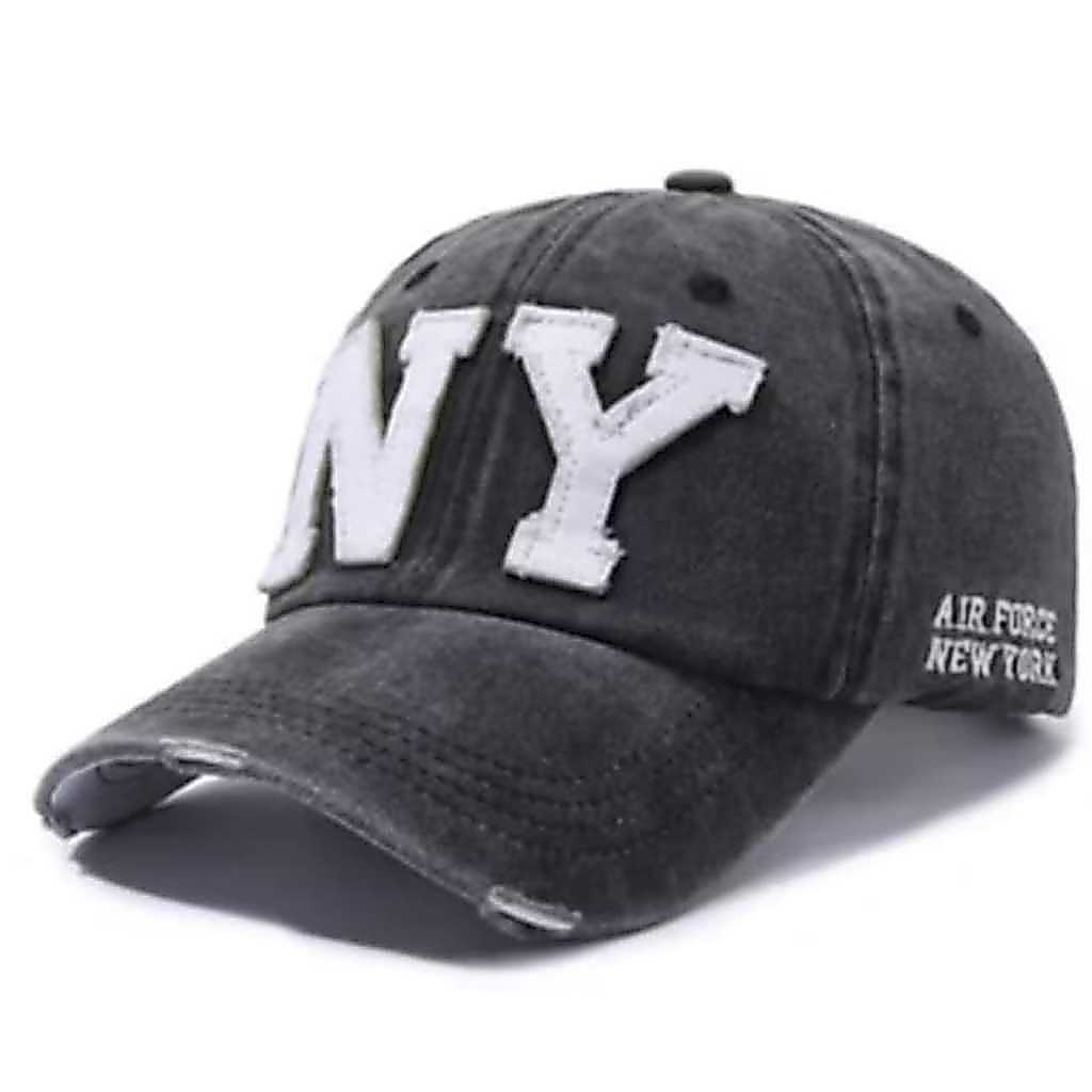 TOP TRENDING Topi basebal 2025 NY bahan denim wash motif sobek