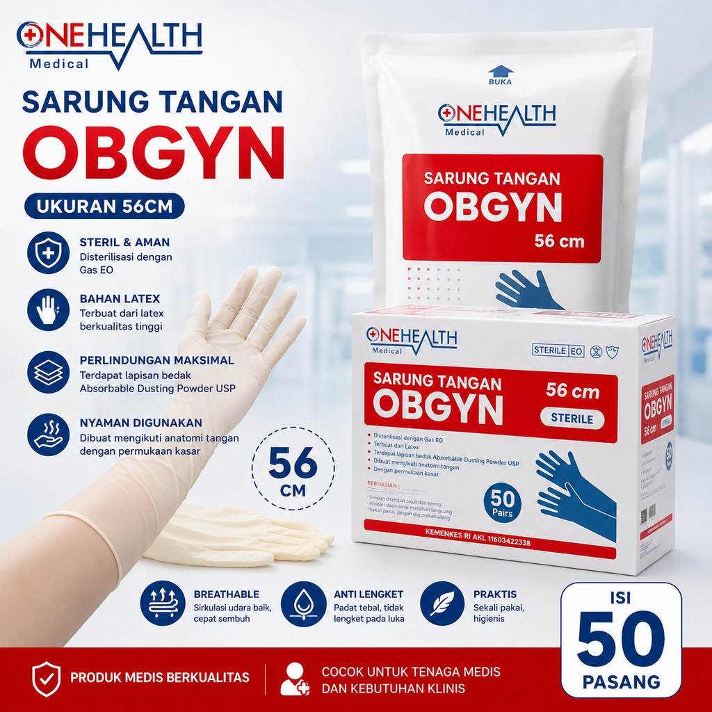 Sarung Tangan OBGYN 56cm Steril OneHealth Latex Gloves Obstetri Ginekologi EO Per 1 Pair N1058