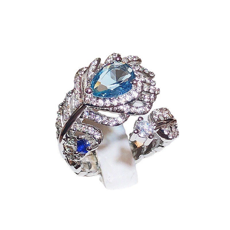 New blue zircon feather ring with adjustable opening for women