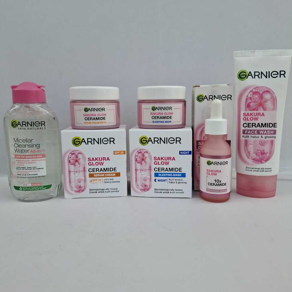 ( NEW ) Paket Komplit 5in1 Skincare Garnier Sakura Glow Skin Barrier Simple Set - Untuk Kulit Glowin