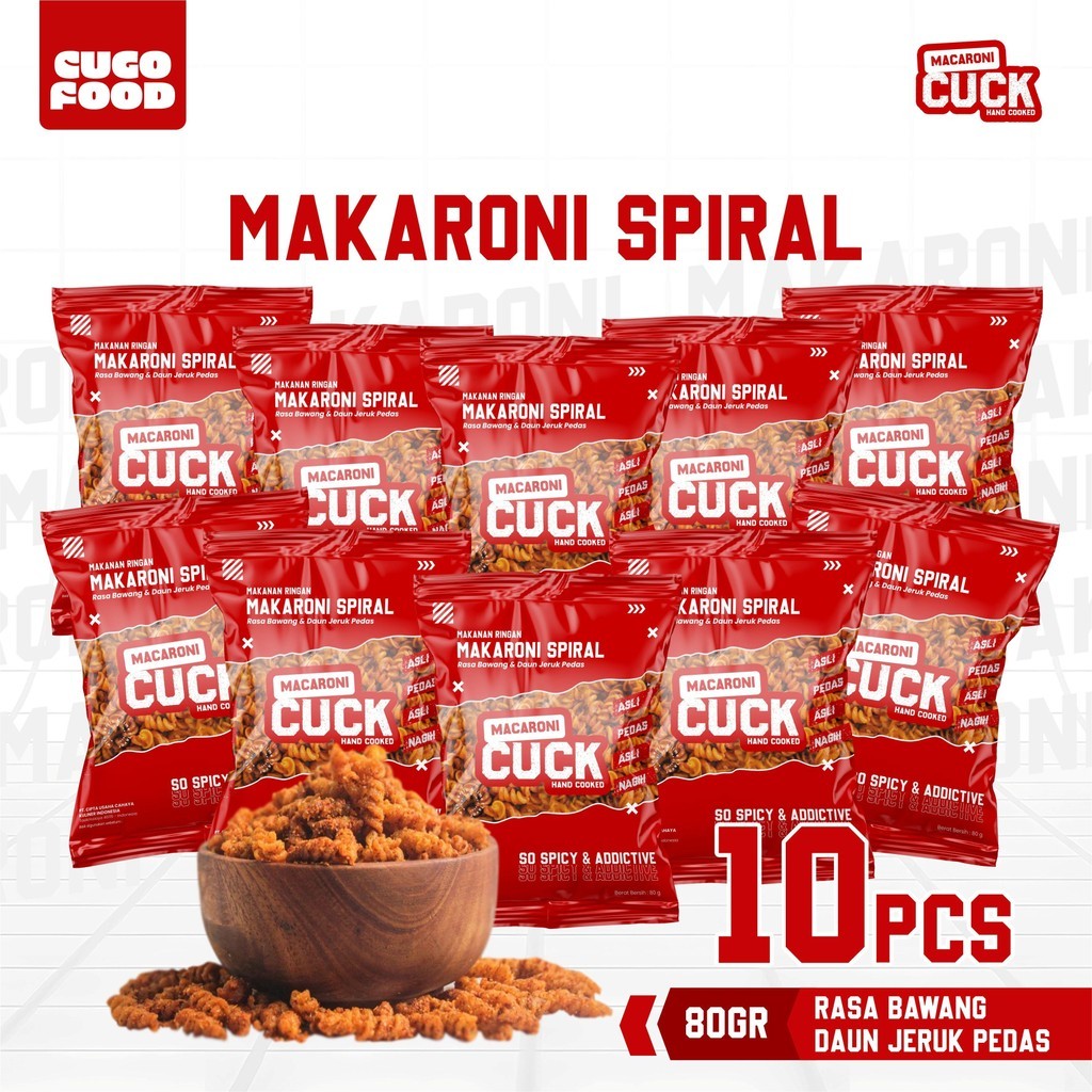 

Makaroni Spiral Daun Jeruk 10 pcs x 80 Gram Kemasan Reguler Snack Cemilan Pedas Asin Cugo Food Makanan Keripik