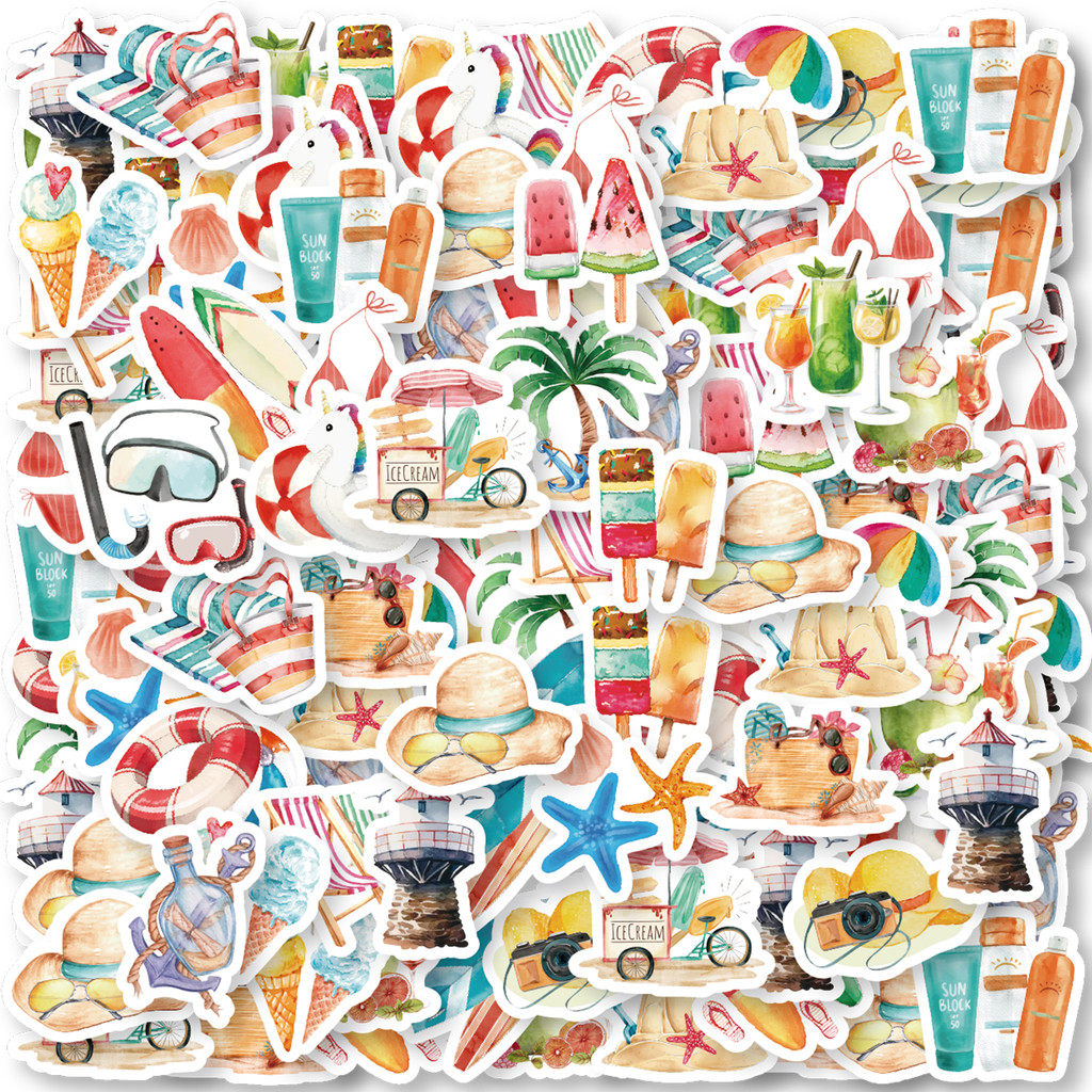 

46PCS Starfish, Swim Ring, Popsicle Summer Beach Theme Stickers Decorated Notebook Diary Skateboard DIY Classic Toy Stationery