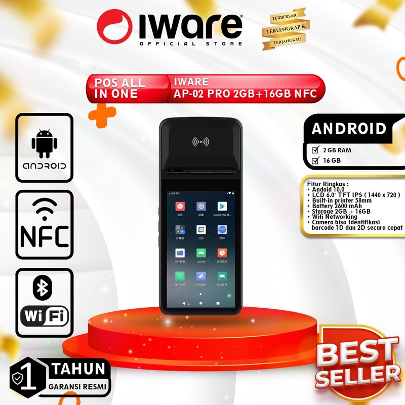 

POS Android Mobile mesin kasir portable Iware AP-02 PRO 2GB+16GB NFC WIFI