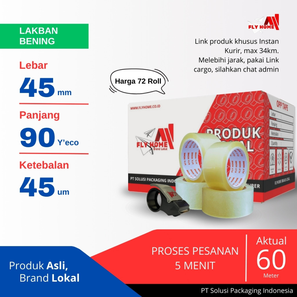 

PROMO!FLYHOME Lakban bening 90 yard 2inchi 1 dus 45mm x 90yard 72 roll ECO InstanREADY