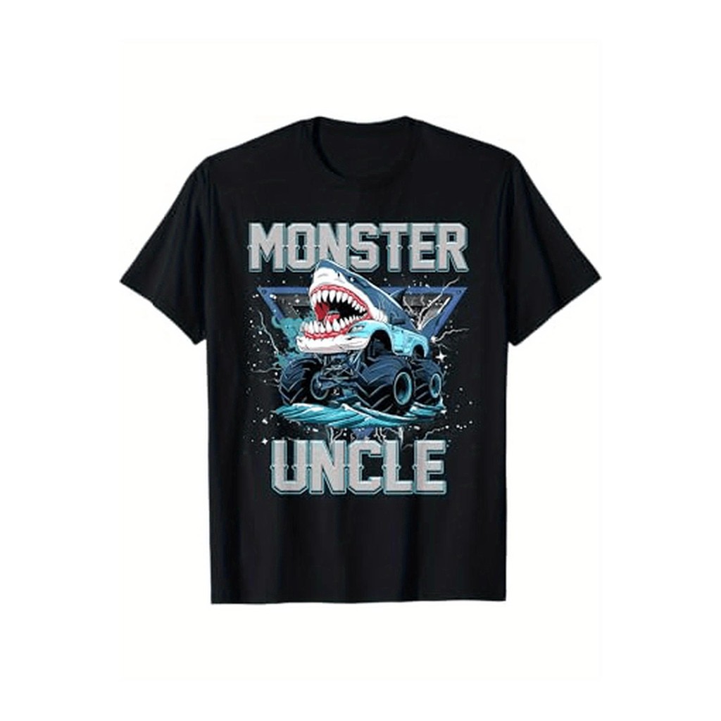 Kaos Pria Monster Truck Paman 100% Katun Hitam Lengan Pendek Desain Hiu