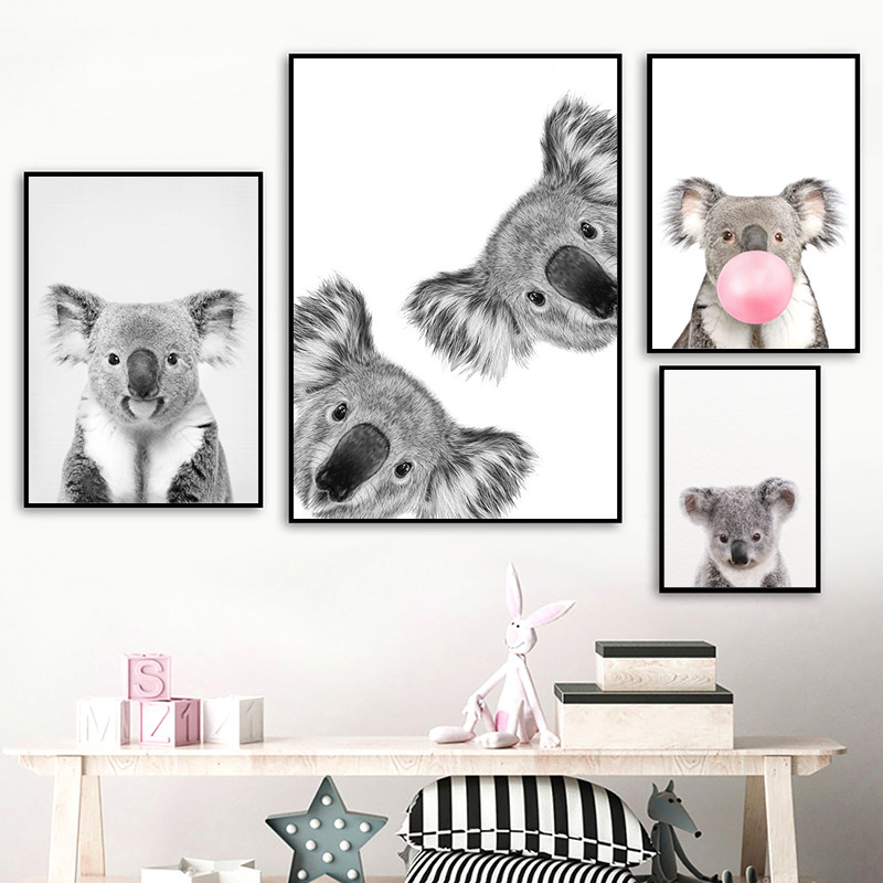 Koala Print Black and White Picture Canvas Painting Wild Life Photography Australian Animal Zoo Post