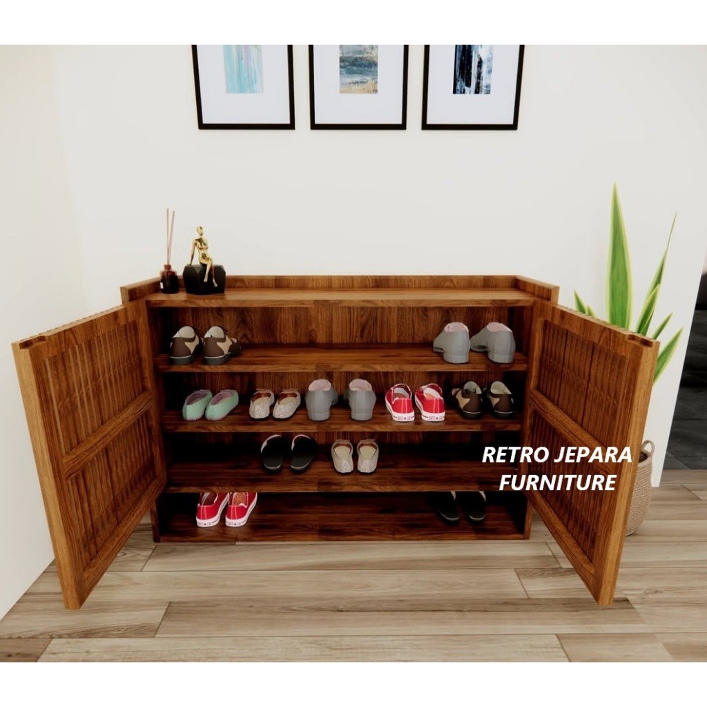LEMARI SEPATU KAYU JATI ASLI SOLID | RAK SEPATU KAYU JATI PERHUTANI MINIMALIS MODERN
