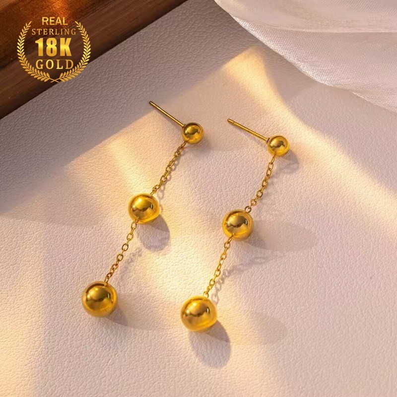 Anting-anting Rumbai Bola Bulat Halus Emas 18K Anting-anting Panjang Wanita