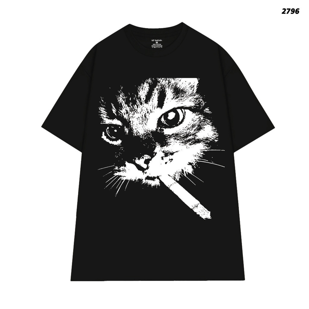 Kaos Kucing Merokok 2796 HY KOREA Format Longgar Unisex Oversize 100% kain katun