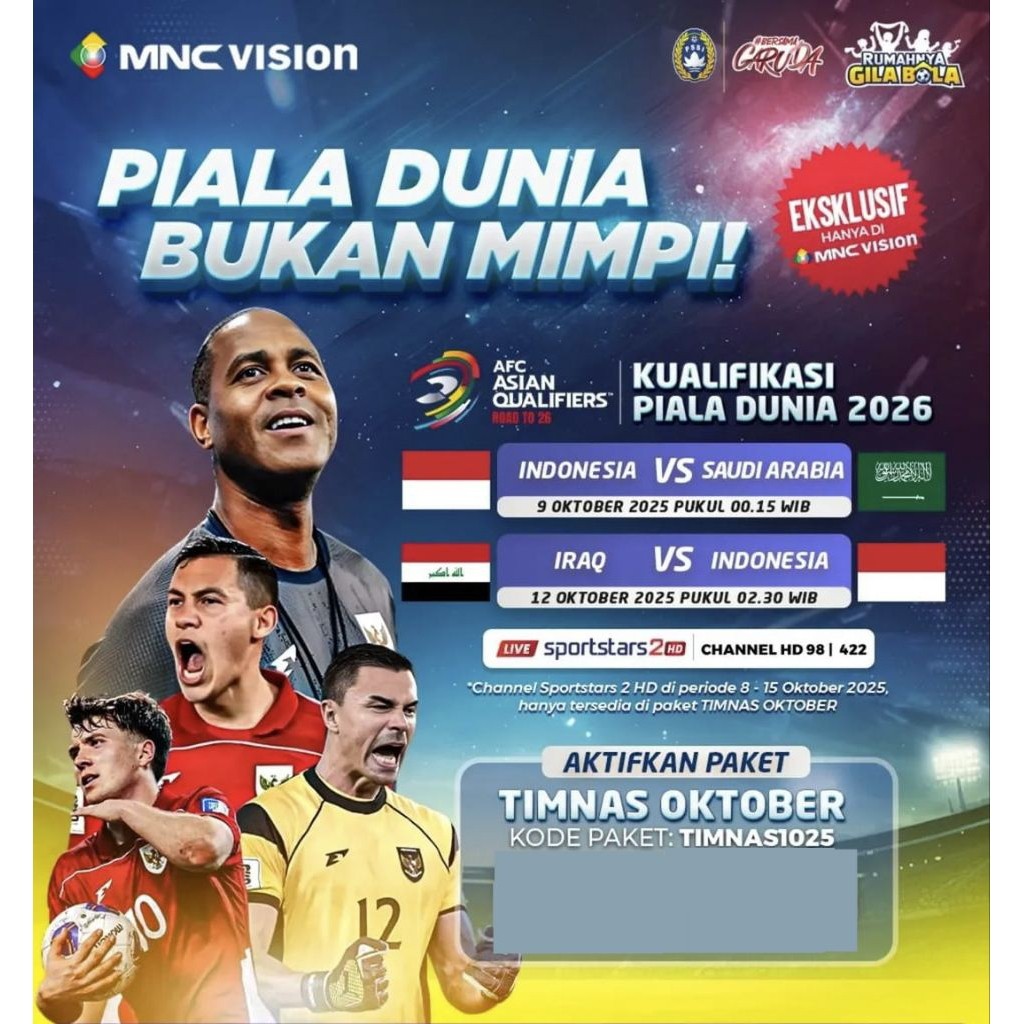 CINELUXE Voucher Paket Jawara MNC Vision TIMNAS Kualifikasi Piala Dunia Round 4