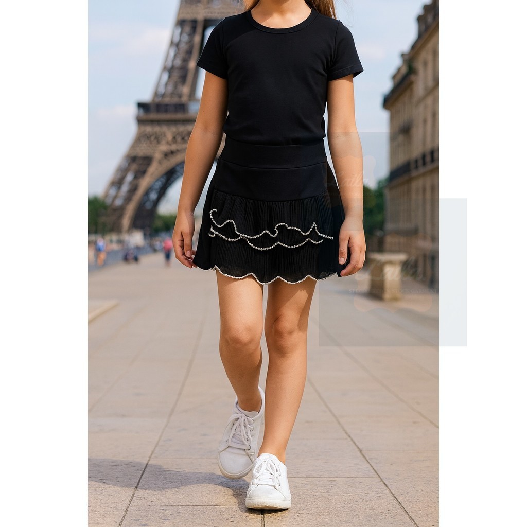 Rok hitam susun renda mutiara anak perempuan fashion casual premium