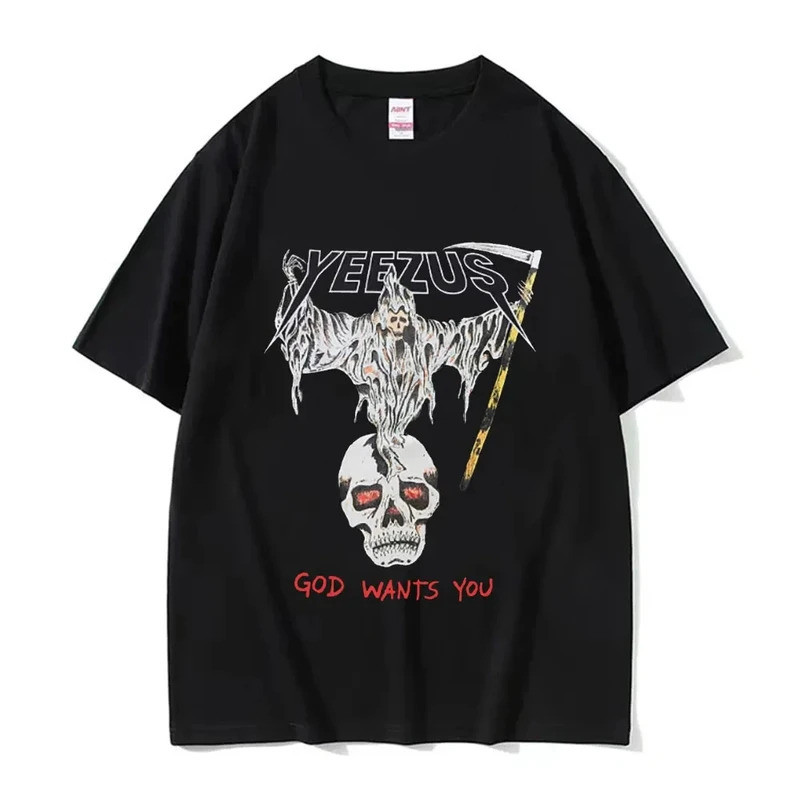 Pakaian jalanan Kanye West Yeezus God Wants You Kaos Oversized Nyaman Atasan 100% Kaos Musim Panas W