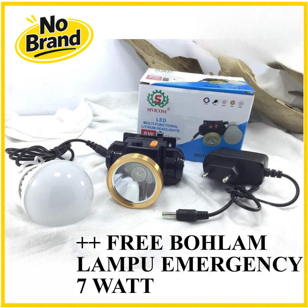 Senter Kepala Sivicom SV-918 LED 8 Watt Putih + FREE Bohlam Lampu LED Emergency 7W | No Brand Outlet