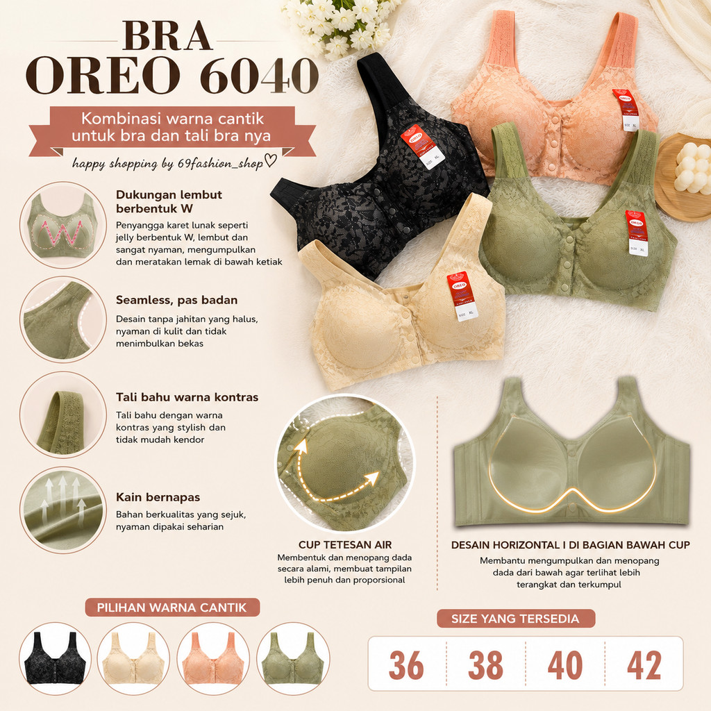 3PCS BRA KANCING DEPAN FULL EMBOSED MEWAH DAN ELEGAN PREMIUM BRANDED OREO 6040 ORIGINAL CUP B-C BH B