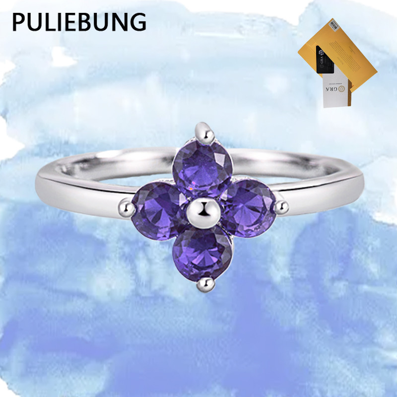 PULIEBUNG Cincin Semanggi Berdaun Empat Moissanite Ungu Gaya Vintage Chic