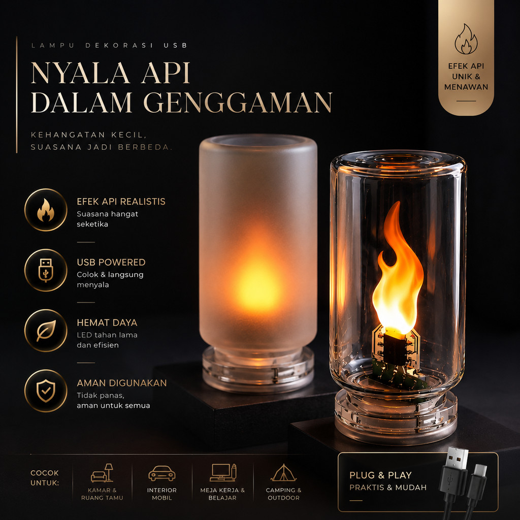 Lampu LED Api Unggun USB Lampu Hias Ruangan Lampu Tidur Atmosphere Estetik
