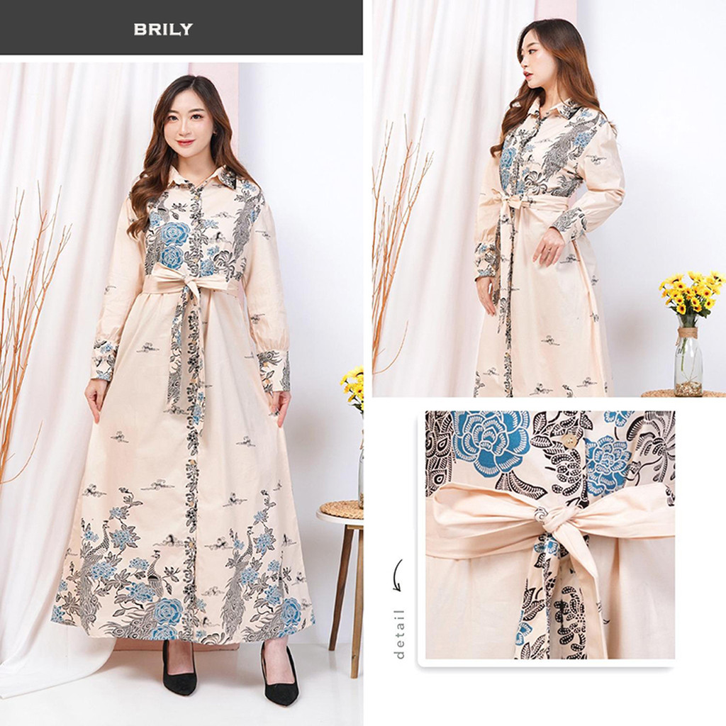 GIRLY Brily Gamis Batik Panjang Cream Nude Kerah Kancing Dress Batik Wanita Lengan Panjang Terusan B