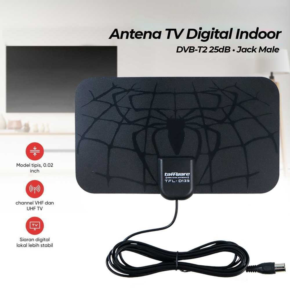 Antena TV Digital Indoor Tipis 25dB DVB T2 Spider Jack Male Gain Tinggi Perekat Mudah Pasang Sinyal 