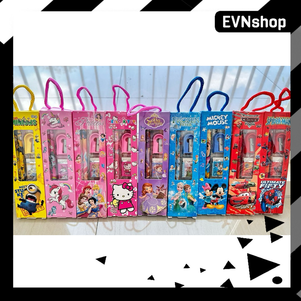 

8010 Stationery Set Anak Kartun Lucu 5 in 1 | Pensil Rautan Penghapus Penggaris Kado Sekolah 8010