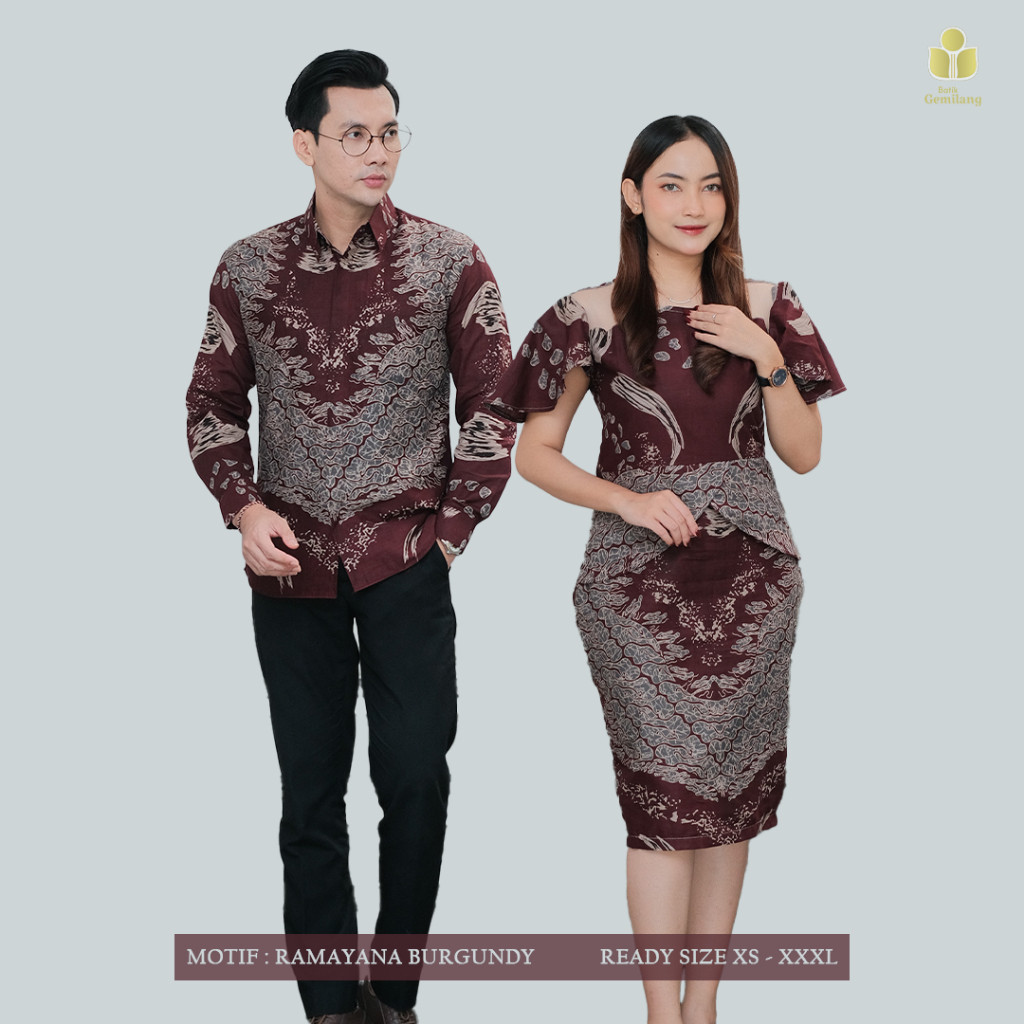 BATIK GEMILANG - Motif Ramayana Burgundy couple batik solo batik pria & wanita premium keluarga