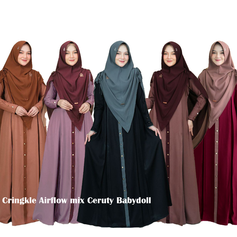 MACIAS_ JSP - Gamis Baity Syar'i Set Khimar Cringkle Airflow Premium - Fashion Muslim Wanita Ukuran 
