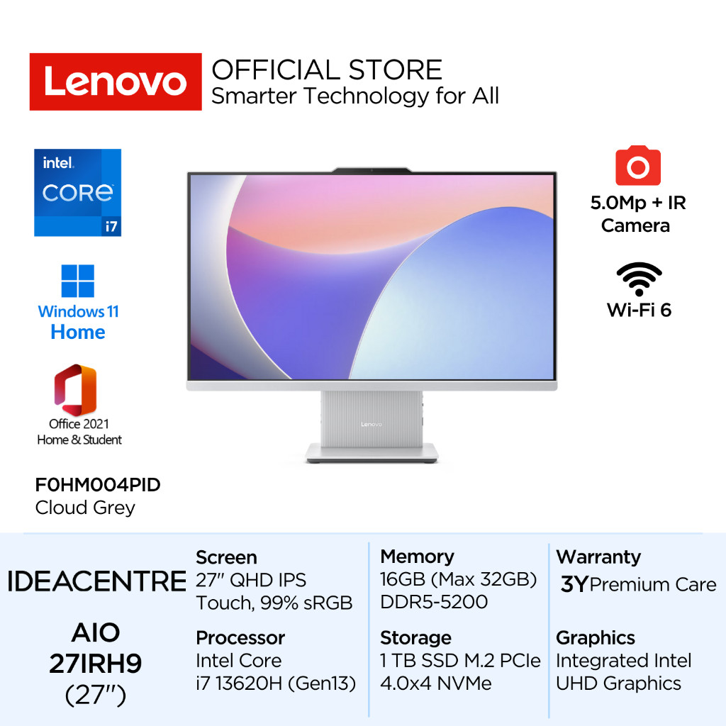 Lenovo PC IdeaCentre AIO 27IRH9 Intel Core i7 13620H Win11 16GB 1TB SSD 27" QHD IPS Touch 99% sRGB I