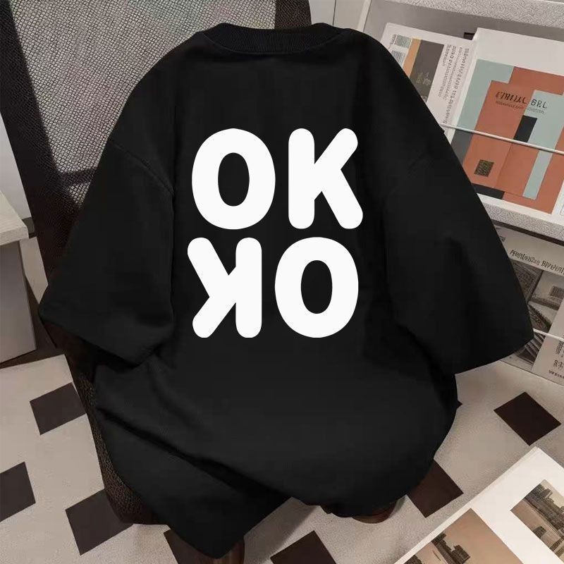 Kaos Katun Desain Huruf Terbalik OKKO Unisex Gaya Trendy Longgar