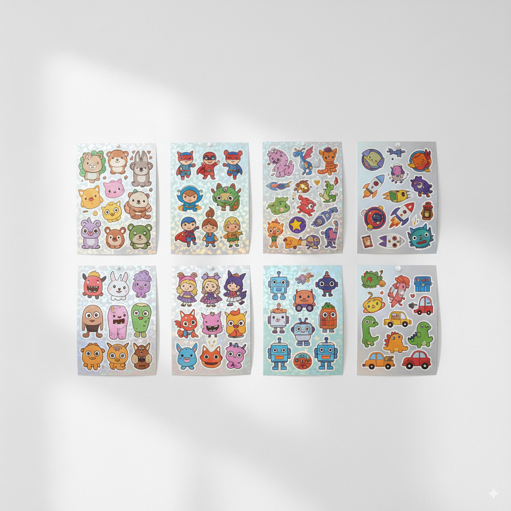 Cetak Sticker Sheet Pack A5/A6 Custom – Desain Chibi, Karakter, Merchandise Event, Sticker Pack Cute