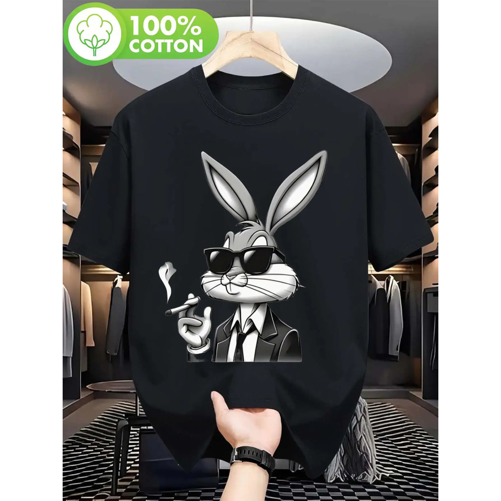 Men's Smoking Bunny Print 100% Cotton 180gsm Heavyweight T-Shirt - Black with White Rabbit & Rabbit 