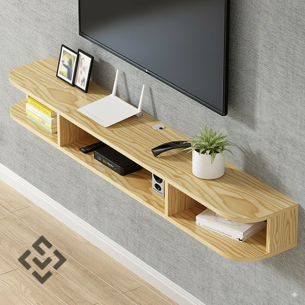Rak TV Gantung Kayu Pinus Premium – Floating Shelf Estetik Minimalis, Kokoh & Rapi, Bisa Custom Ukur