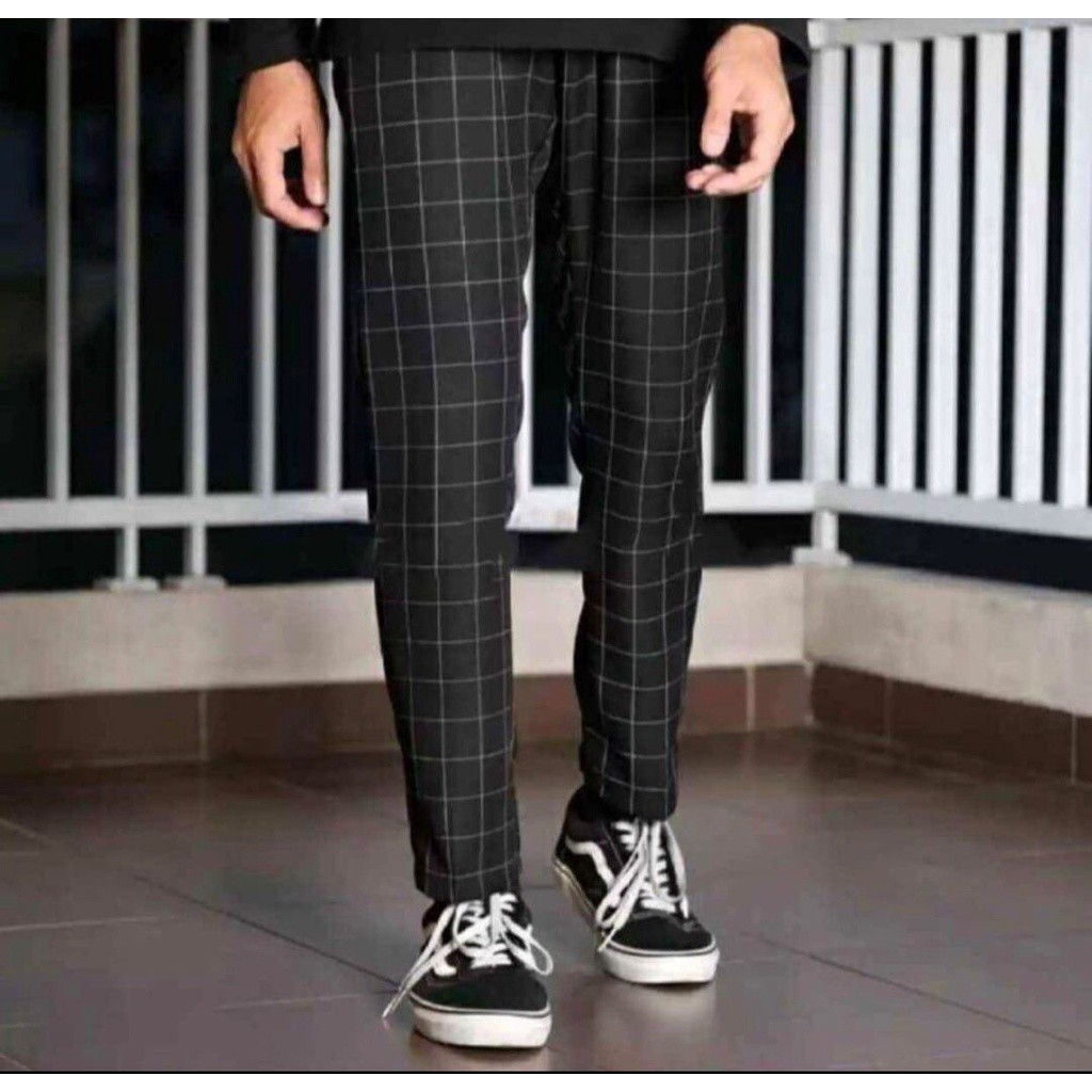 Celana Panjang Pria Tartan Chino – Celana Kotak Slim Fit Ankle Pants