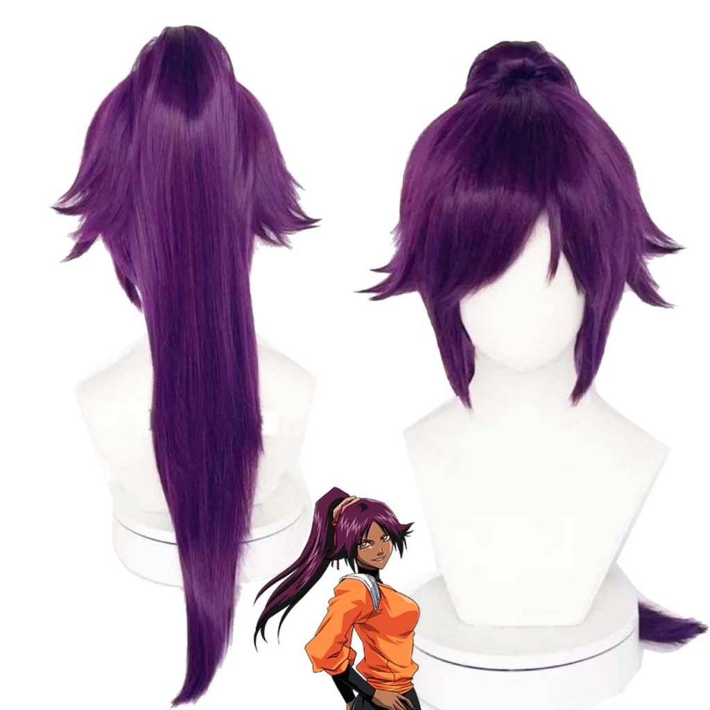 Halloween Roleplay Anime BLEACH Cosplay Shihouin Yoruichi Long Purple Ponytail Wig