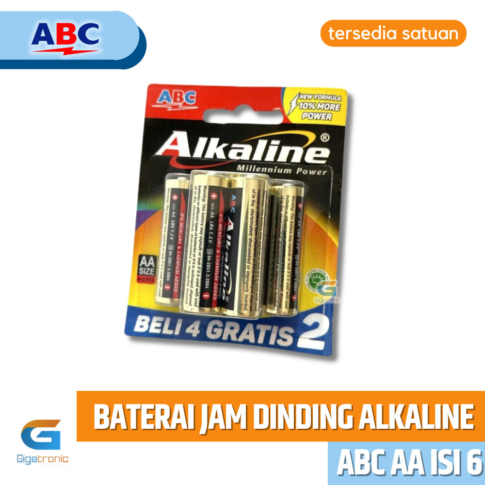 Baterai ABC Alkaline size AA (A2) isi 6 (4 + 2) / Baterai Jam Dinding Besar