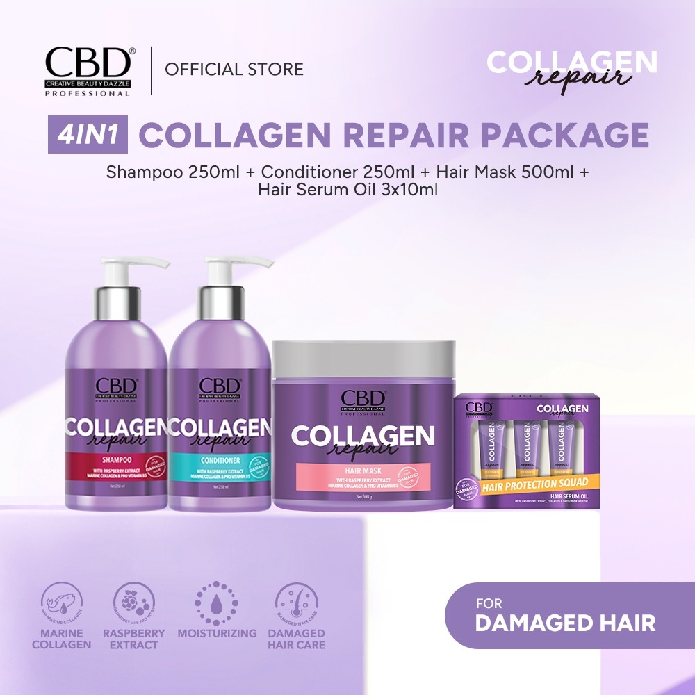 CBD Collagen [UNGU] Paket 4IN1Rambut Rusak  [Shampoo/Conditioner/Hair Mask 500g + Hair Serum 10mlx3