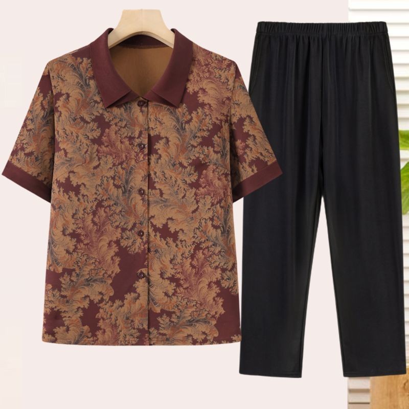 Nenek pakaian musim panas lengan pendek baju wanita wanita tua gulung atas ibu baju orang tua