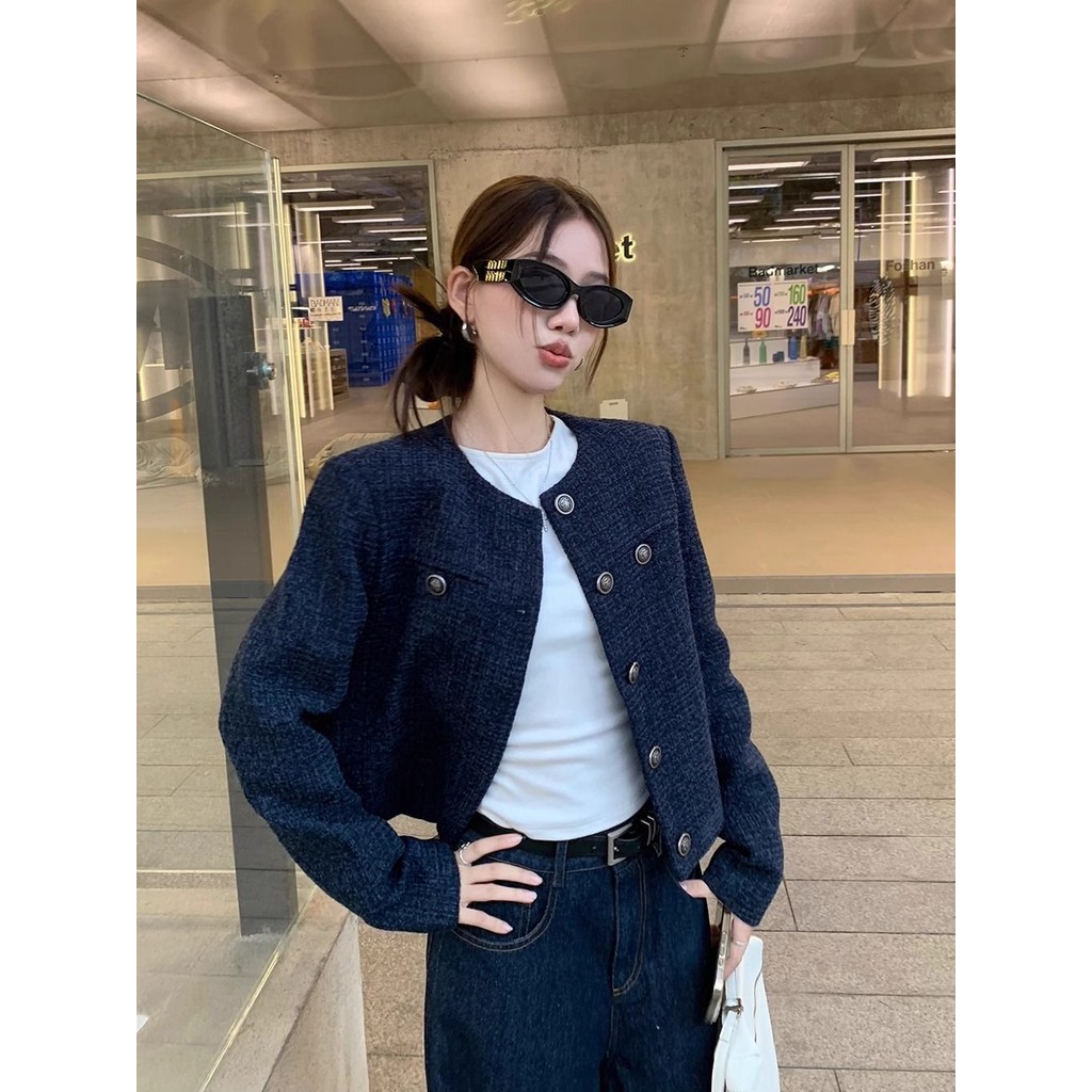 Baju Long Outer Biru Crop Top Kekinian Korean Style Lengan Panjang Blazer Wanita Premium Outer Broka