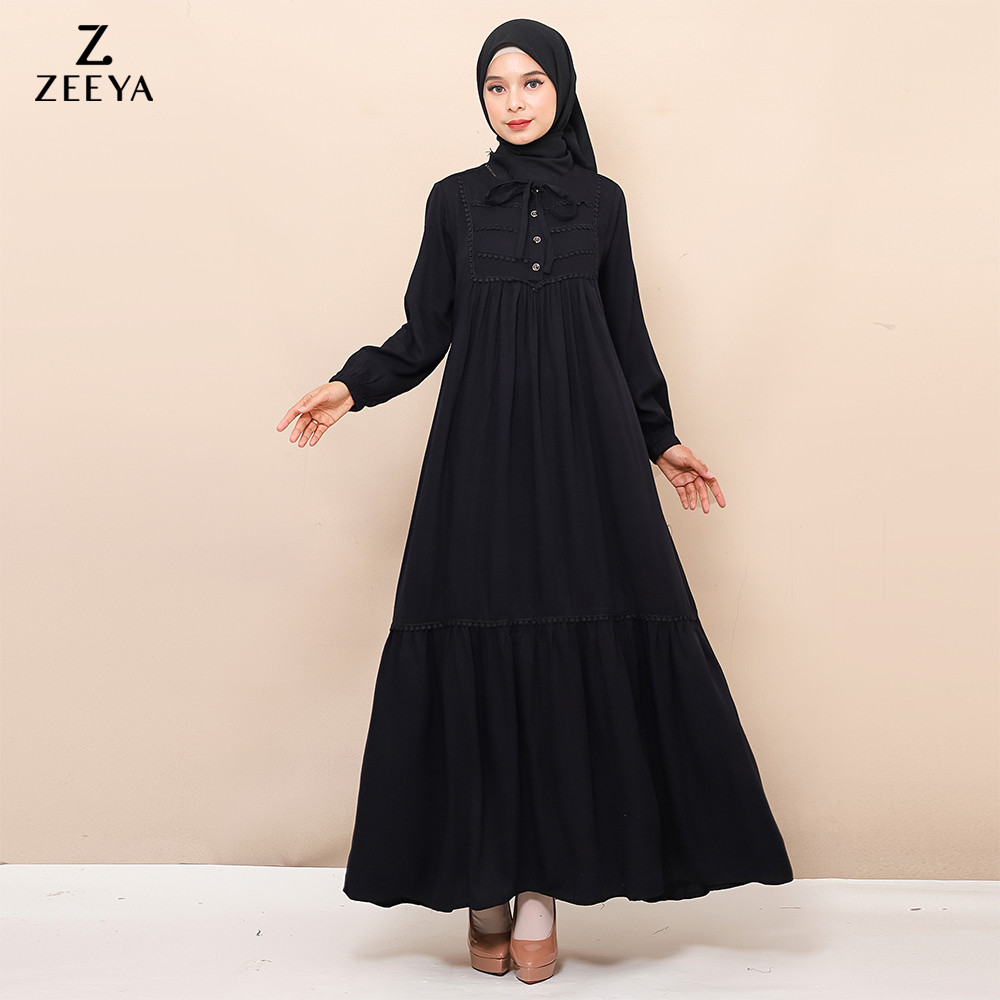 Zeeya Collection Zoya Gamis Dress Umroh HItam Polos Rayon Twill Busui Friendly Size M L XL & JUMBO S