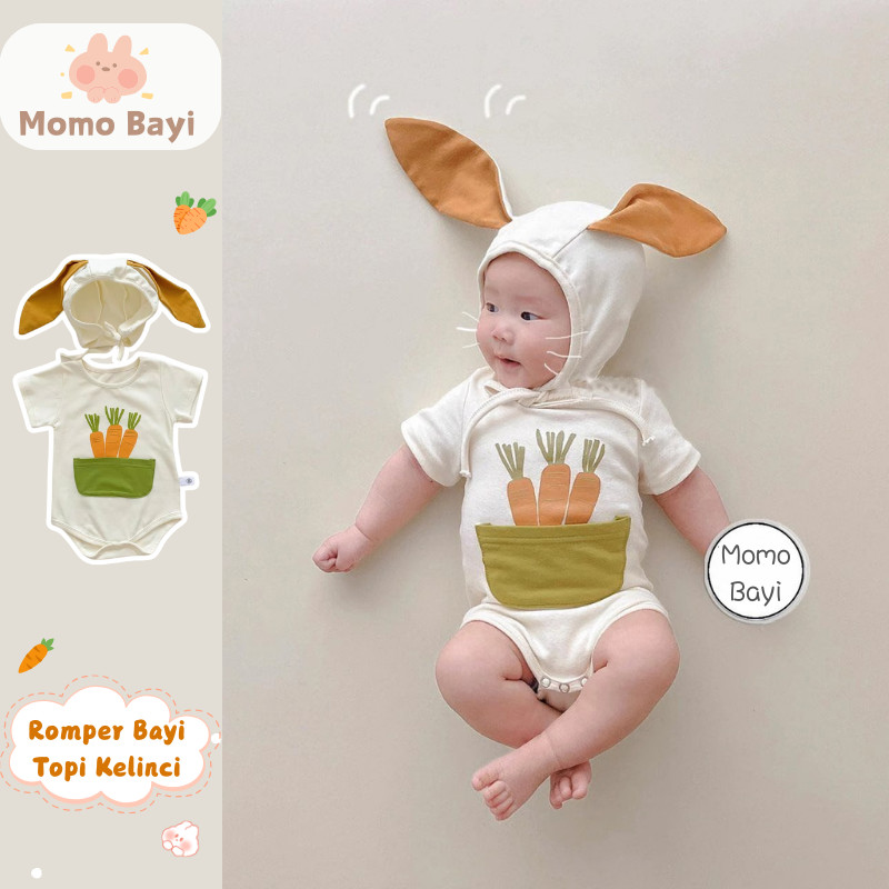 MOMO BAYI - Romper Bayi Motif Wortel & Topi Kelinci | Baju Bayi Unisex 0–2 Tahun
