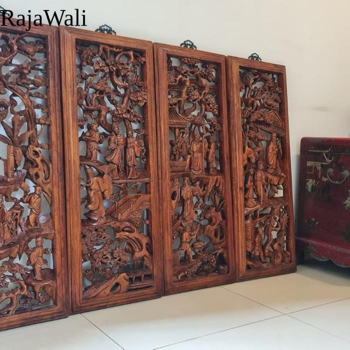 Pajangan dinding 4 panel ukir kayu china original antik RJ18