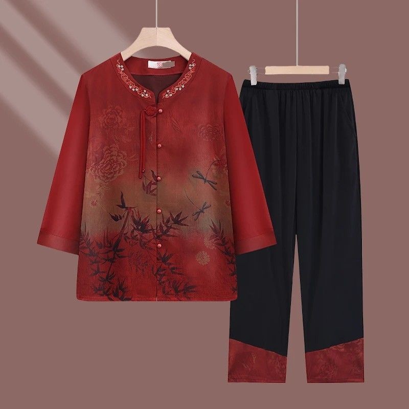 Buka baju nenek Cina pakaian kemeja musim panas tua wanita tua ibu top dua set