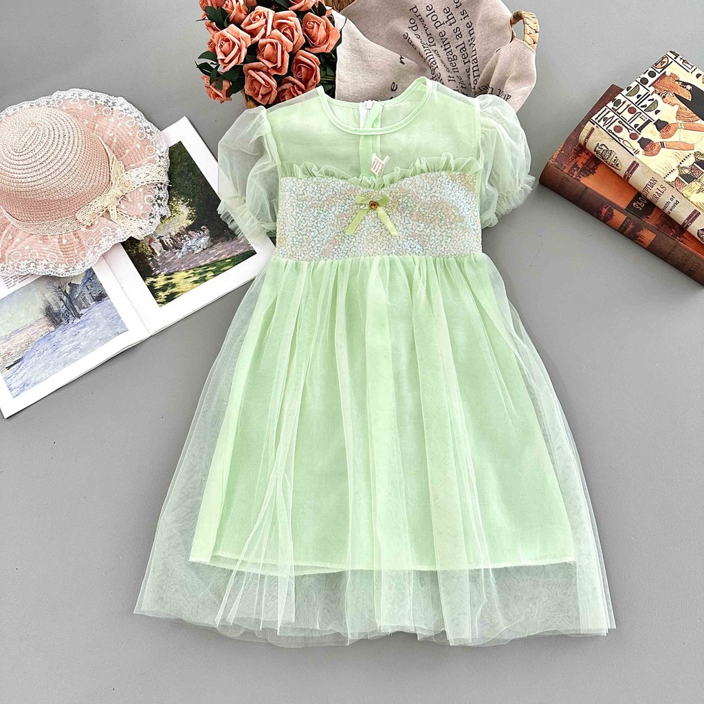 CH009 Dress Tutu Anak Perempuan – Gaun Tile Cantik Glitter, Lengan Puff, Warna Pastel