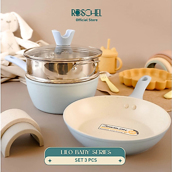 Roschel 3 Pcs Lilo Set + Steamer Stainless 304 Food Grade Panci MPASI Baby Non-Stick