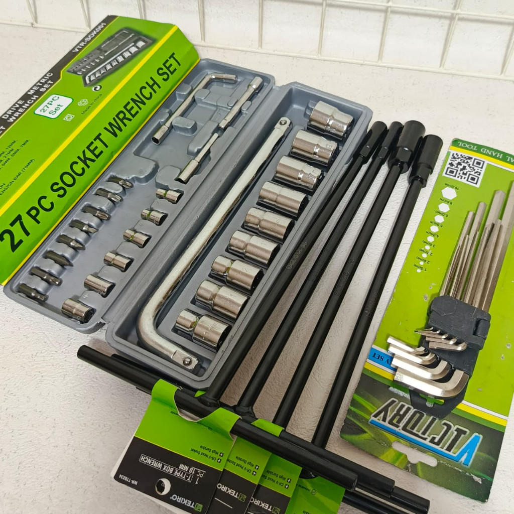 TEAMOR TEKIRO Kunci T 4pcs 8-10-12-14mm + Kunci Sok Shock 27pcs Victory + Kunci L Set Panjang 9pcs -
