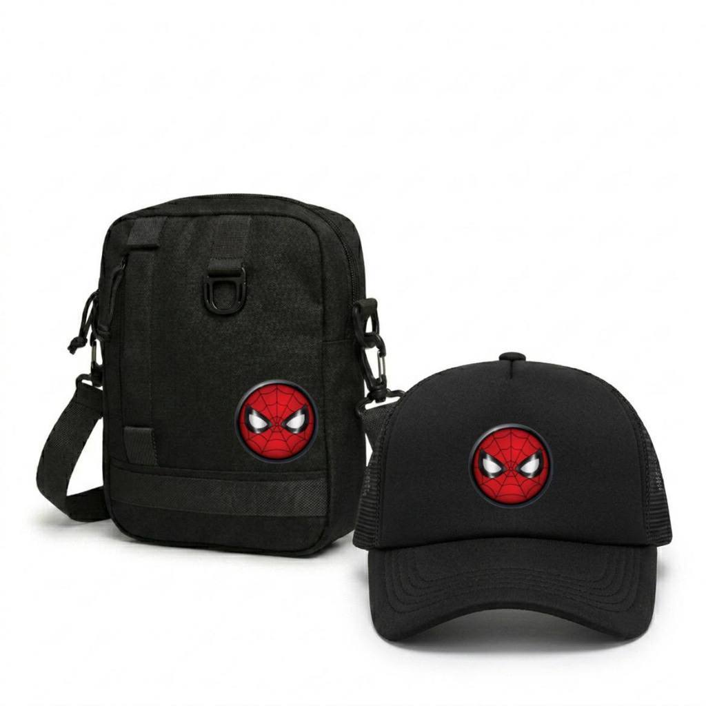 Paket Hemat 2in1 Tas Selempang Anak Kotak Plus Topi Karakter Spiderman Batman Superman CA / Sling Ba